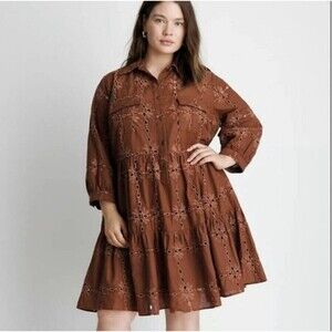 Anthropologie Eva Franco Josie Eyelet Tunic Dress Brown‎ Size XS With Slip Liner